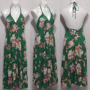 Express Green Floral Halter Backless Tiered Maxi Dress XS Boho Cottagecore